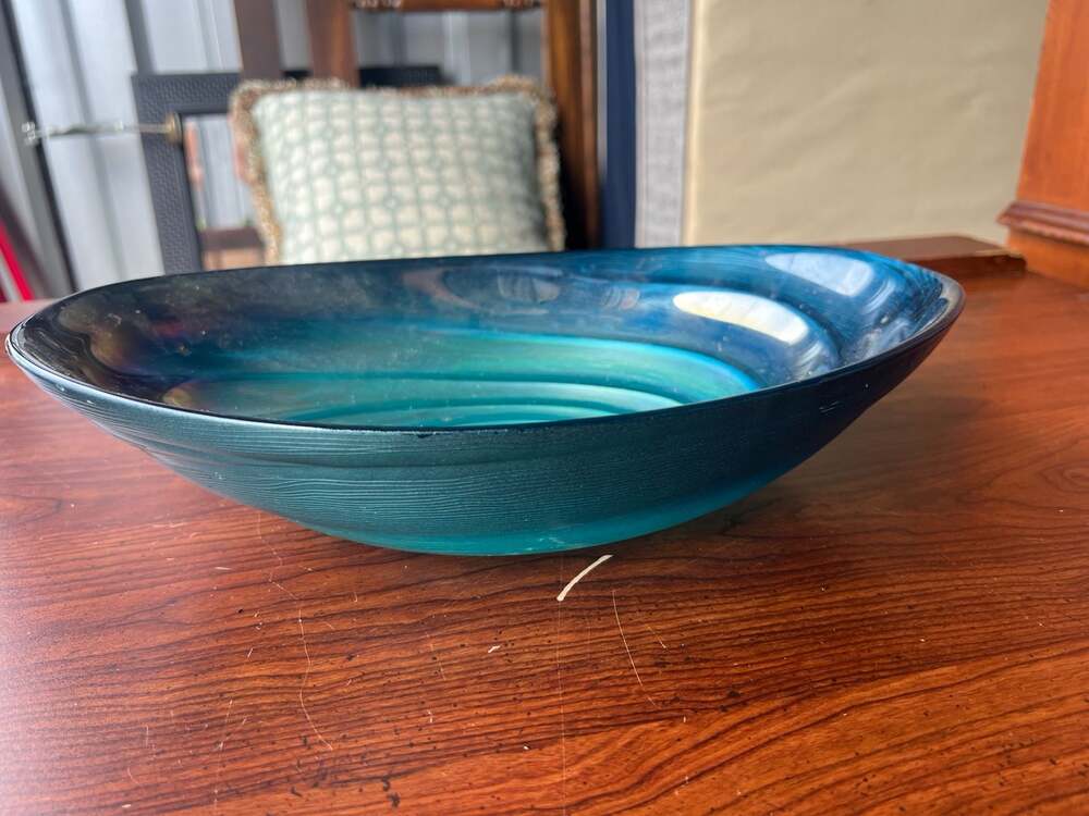 Large Iridescent Teal Blue Glass Oval Centerpiece Bowl (Swirl Textured Glass)